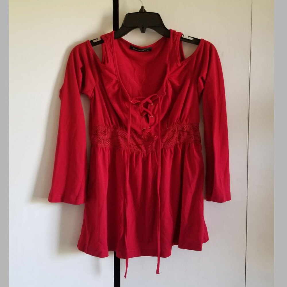 Cold Shoulder Tunic Top with Lace and Tie-Front Detail